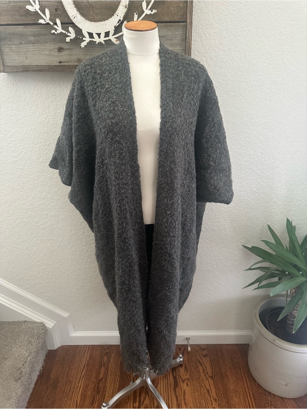 Free People Cozy Charcoal Gray Open-Front Cardigan Shawl Wool blend One Size